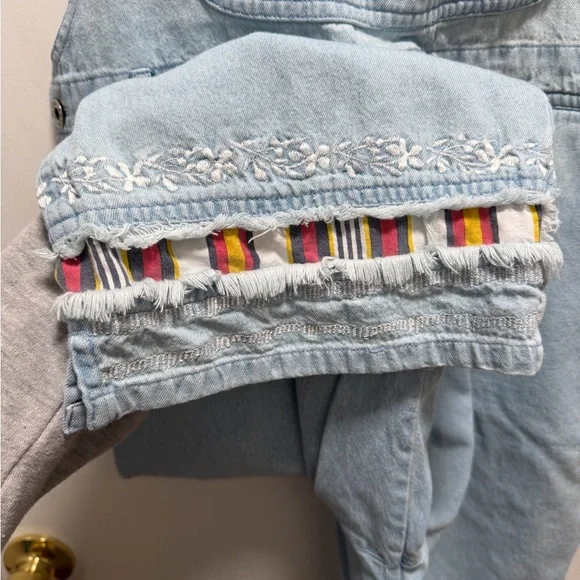 VTG Agapo Thin Denim Embroidered Overalls Cropped Womens L Jumper 90's Y2K Artsy - Picture 2 of 10